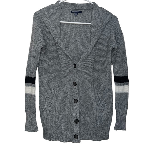 American Eagle Gray Button Front Collared Cardigan Stripe Sleeve Extra Small - Picture 1 of 3